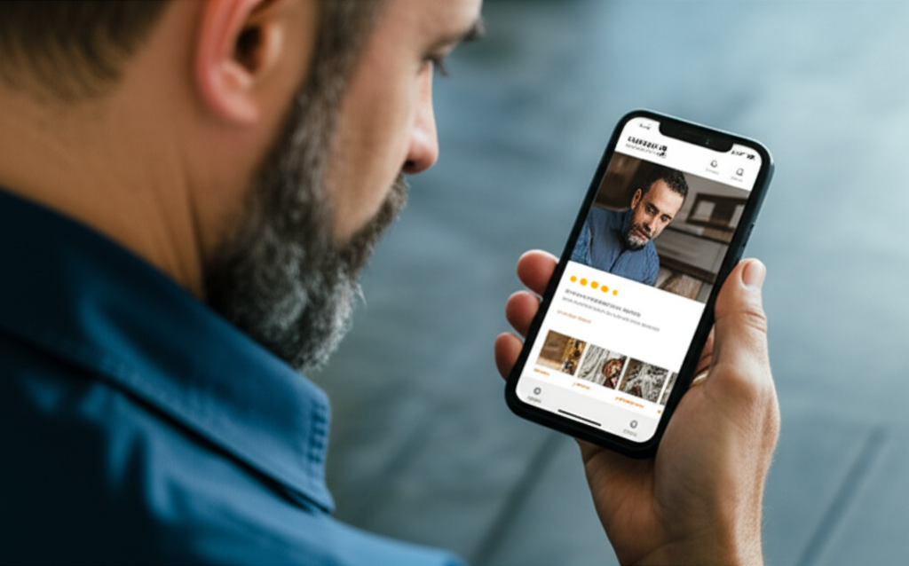 Artisan découvrant son site web généré par IA sur mobile